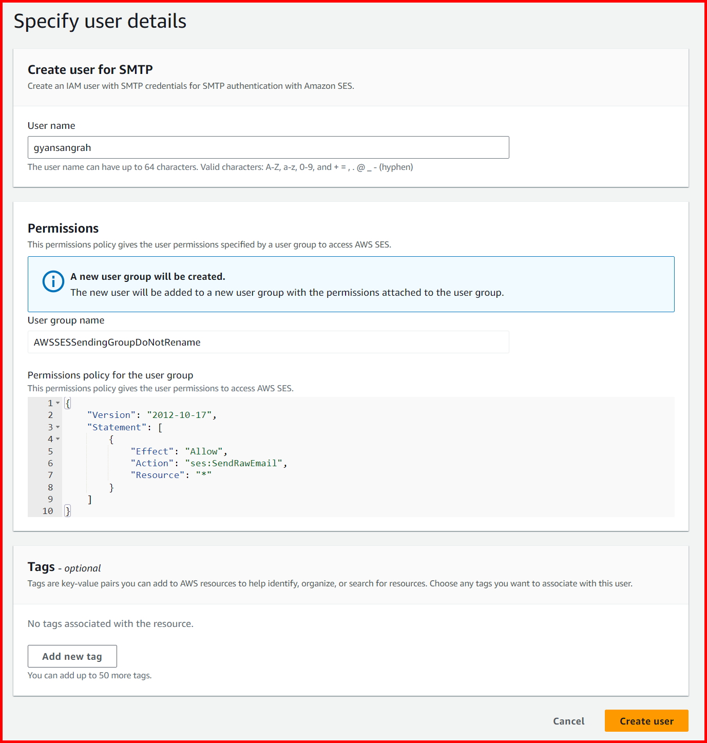 Picture showing the screen to specify the IAM user name used as SMTP credentails